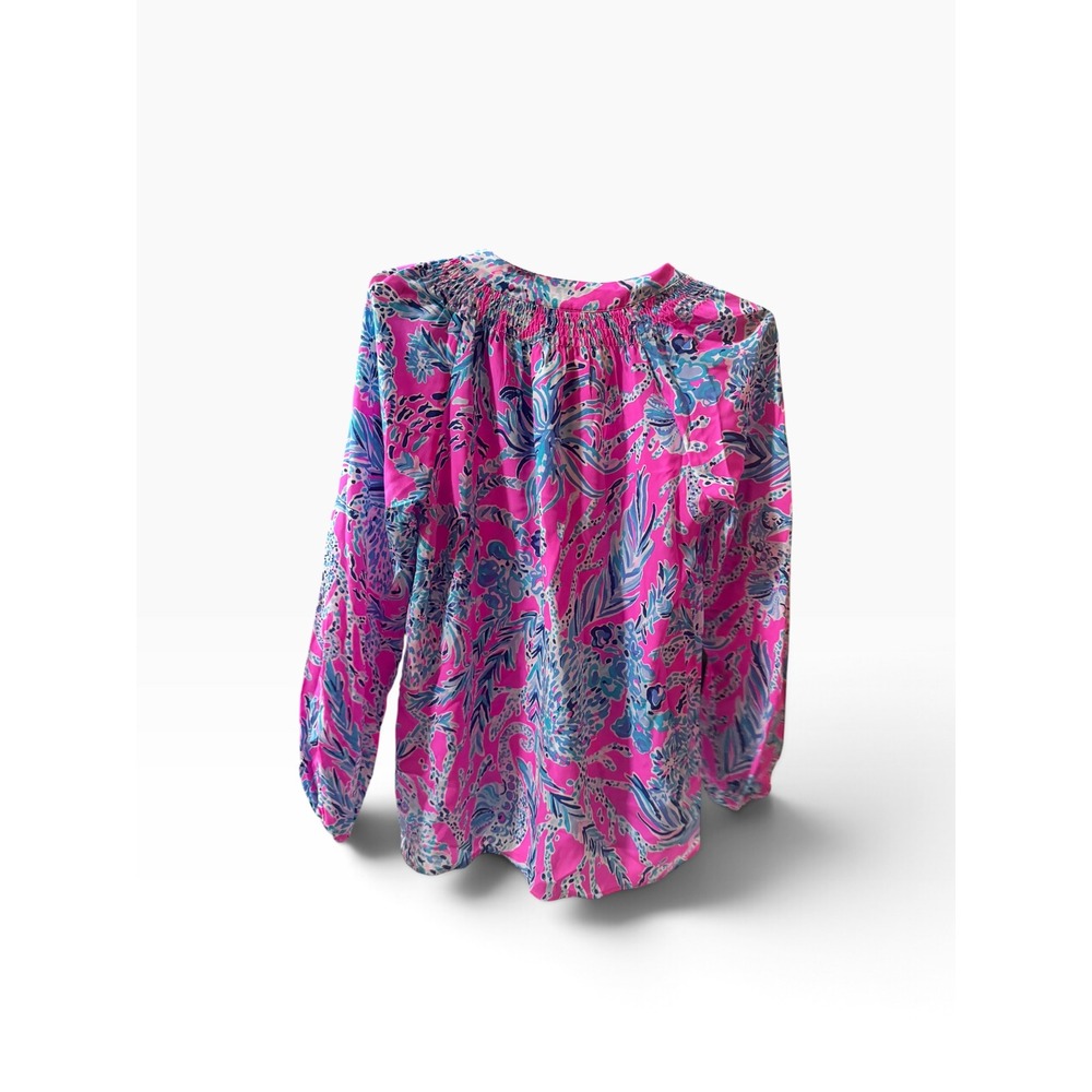 Lilly Pulitzer Elsa Silk Top Pink Blue Floral Coral Smocked Blouse XL - Picture 2 of 4